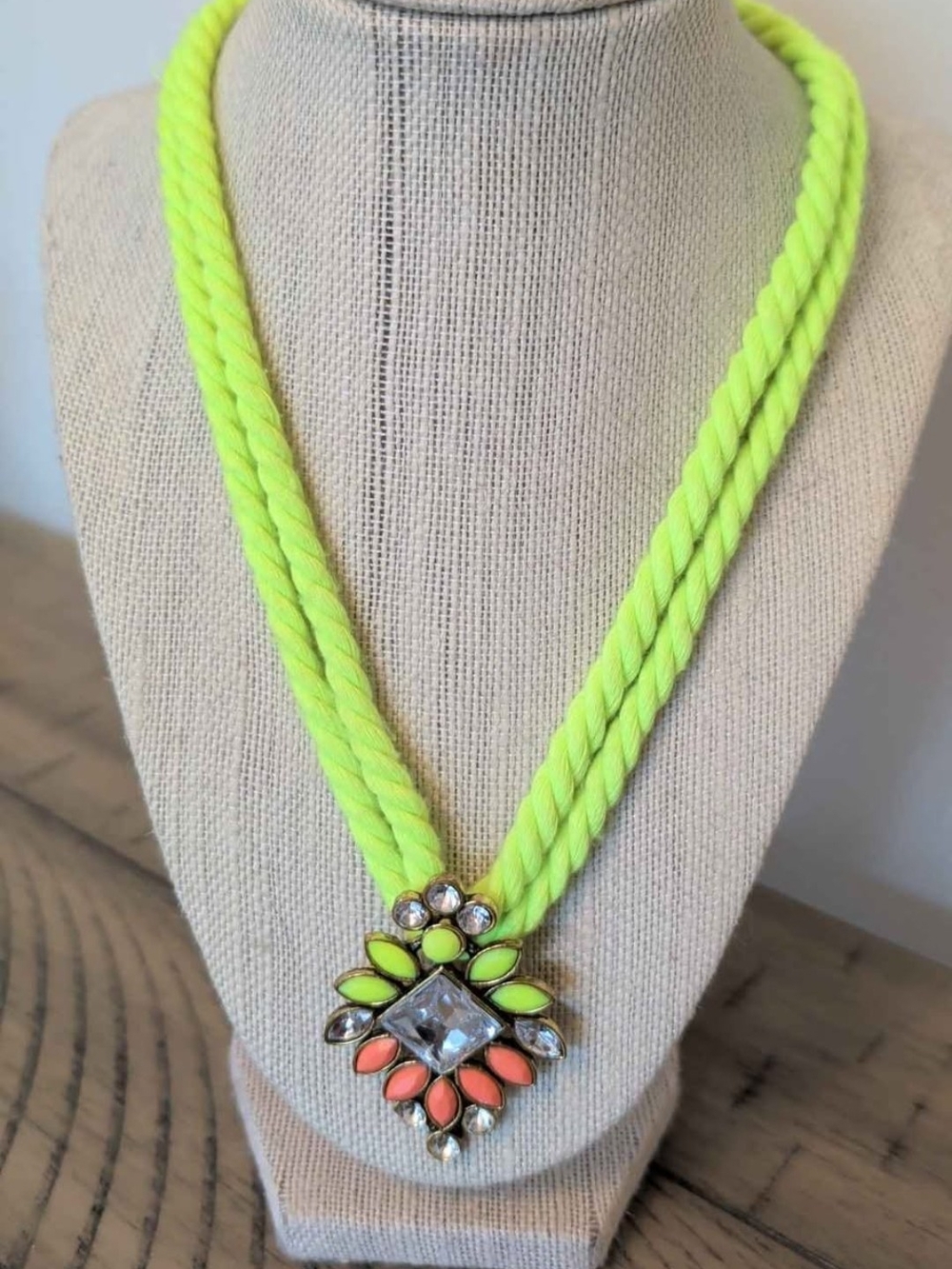 2 For $20.00- Bright Neon Green and Coral Statement Pendant Necklace